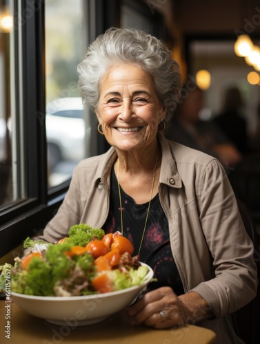 Elderly Woman Enjoying a Meal in a Warmly Lit Restaurant