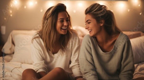 Young girlfriends chatting and having fun on a bed