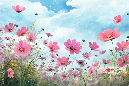 Watercolor illustration of a blooming cosmos field. Generative AI