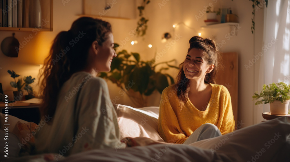 Young girlfriends chatting and having fun on a bed Young girlfriends chatting and having fun on a bed