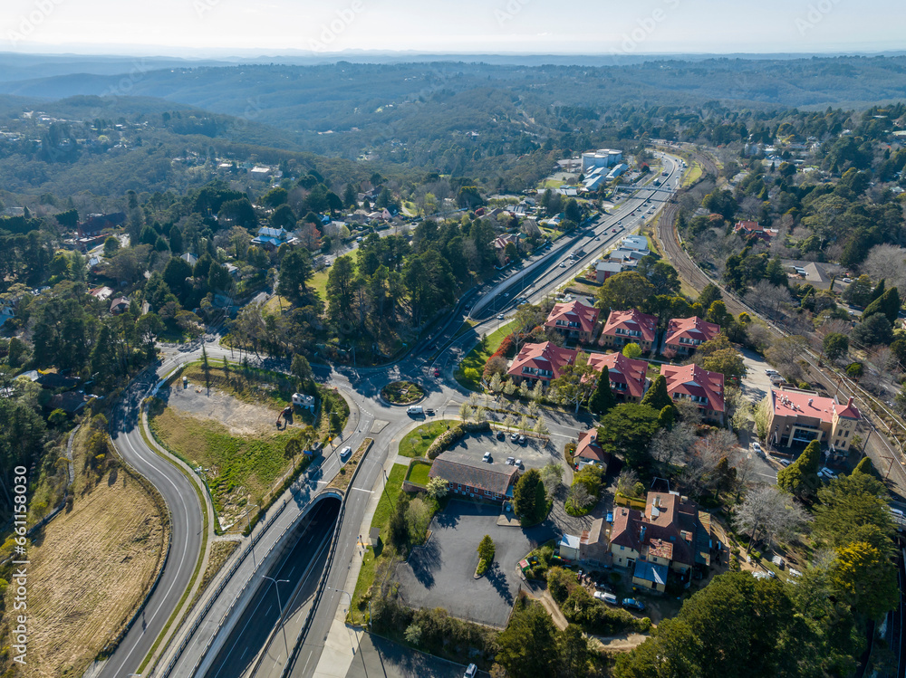 Drone aerial photograph of the Great Western Highway passing through the township of Leura in the upper Blue Mountains in New South Wales in Australia