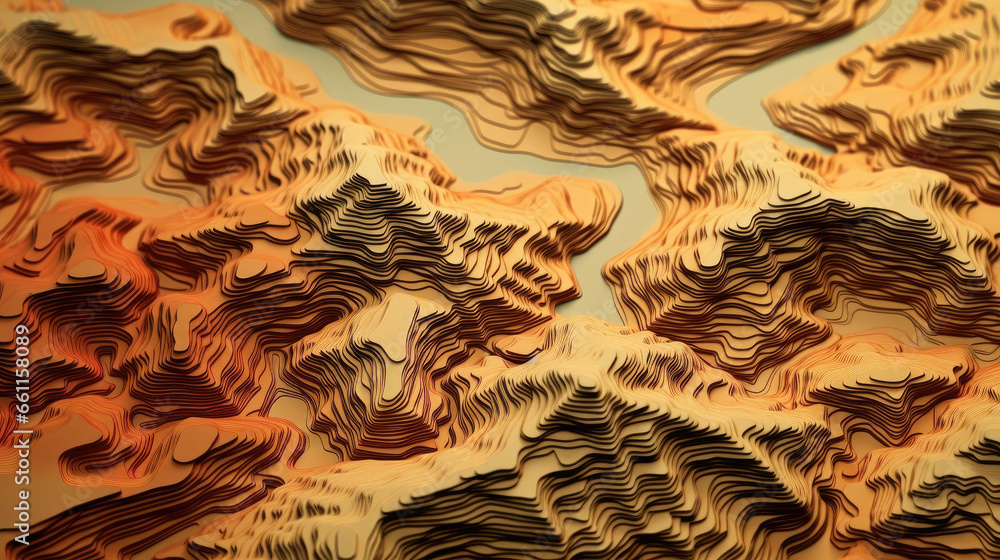 An intricately detailed 3D render of a topographic relief map, artfully ...