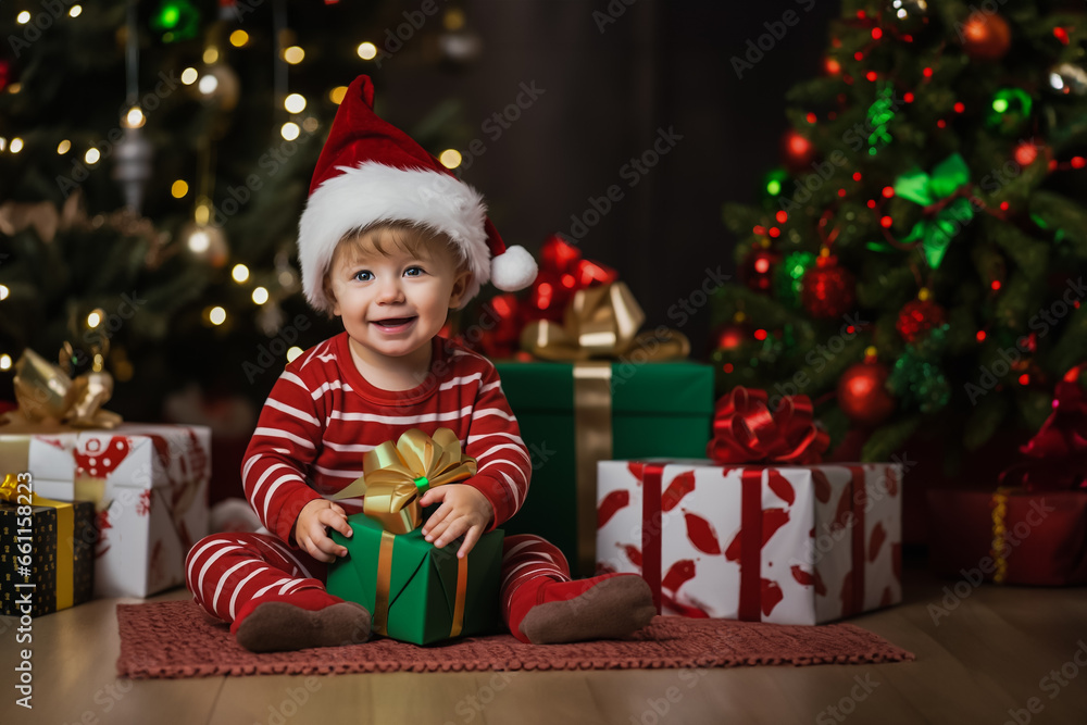 Christmas Eve, boy in Santa helper costume holding a gift and sitting among his gifts, Christmas tree in a background. Christmas Eve, boy in Santa helper costume holding a gift and sitting among his gifts, Christmas tree in a background.