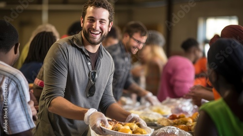 Acts of Kindness Worldwide: A happy volunteer brings food assistance to a diverse group of people in a distribution center.