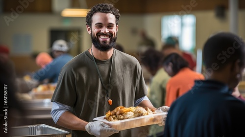 Acts of Kindness Worldwide: A happy volunteer brings food assistance to a diverse group of people in a distribution center.