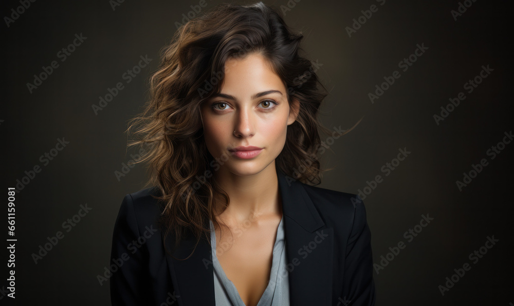 Fototapeta premium Empowerment Personified: Portrait of a Strong Woman with dark colored hair in a Black Blouse Exuding Confidence and Elegance.