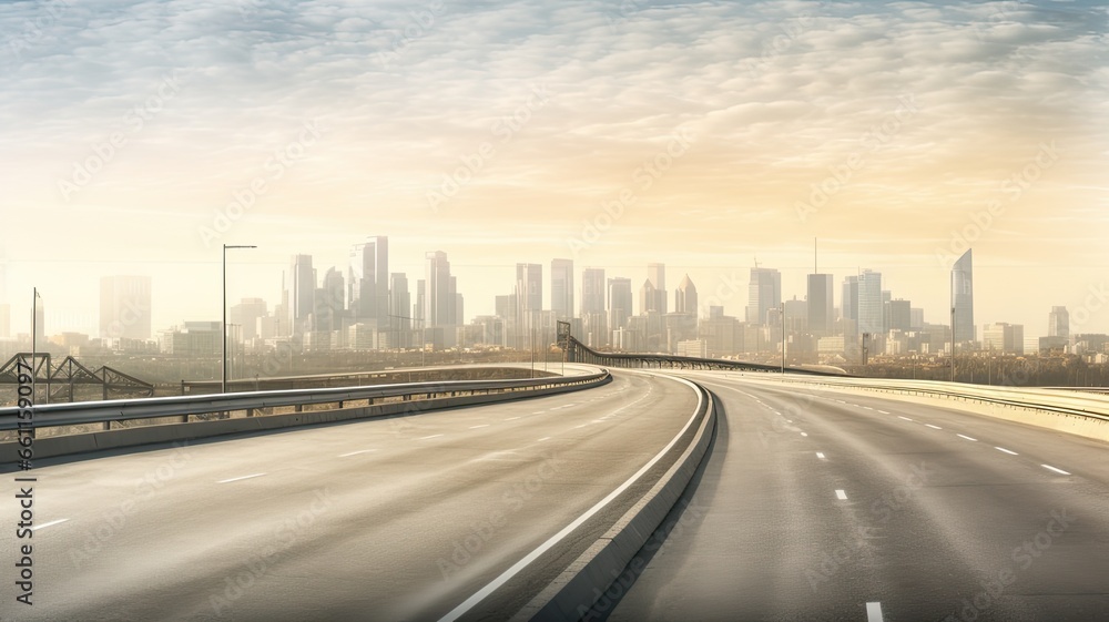 a highway with a large city skyline near sunlight, in the style of smooth and curved lines, advertisement inspired,landscape-focused.