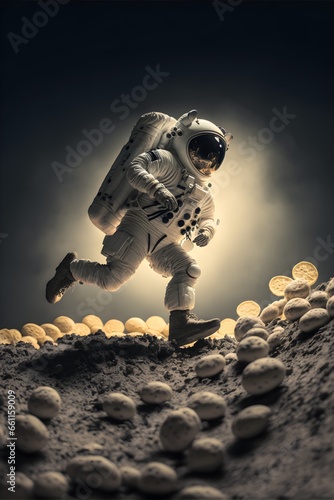 astronaut walking on the moon surrounded by potatoes natural lighting shot on Canon EF 85mm f18 USM Prime Lens ISO 100  photo