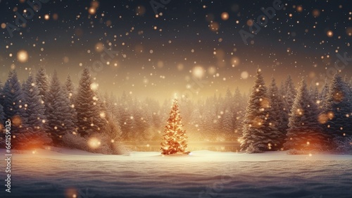 Christmas background, with warm tree in the middle in a snowy night © Kùmo