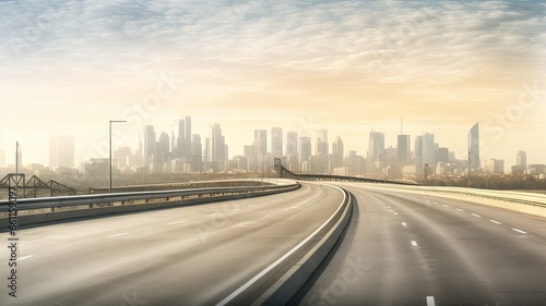 a highway with a large city skyline near sunlight, in the style of smooth and curved lines, advertisement inspired,landscape-focused. © lililia