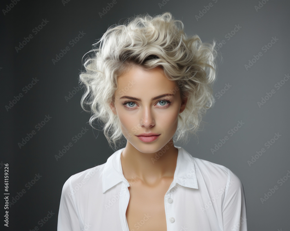 Empowerment Personified: Portrait of a Strong Woman with light colored hair in a White Blouse Exuding Confidence and Elegance. Empowerment Personified: Portrait of a Strong Woman with light colored hair in a White Blouse Exuding Confidence and Elegance.