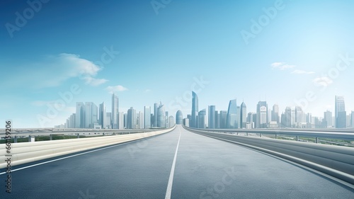 a highway with a large city skyline near sunlight  in the style of smooth and curved lines  advertisement inspired landscape-focused.