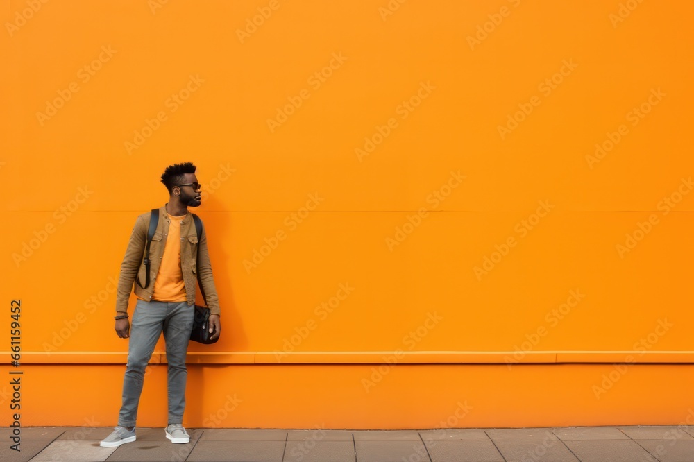 diverse black guy walking in the city with orange wall as background. Hipster sports urban fashion style. diverse black guy walking in the city with orange wall as background. Hipster sports urban fashion style.