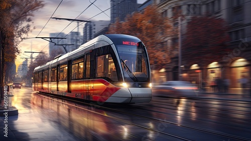 the movement of a tram or light rail system as it traverses the city streets, panning to keep the vehicle sharp while blurring the surroundings. photo