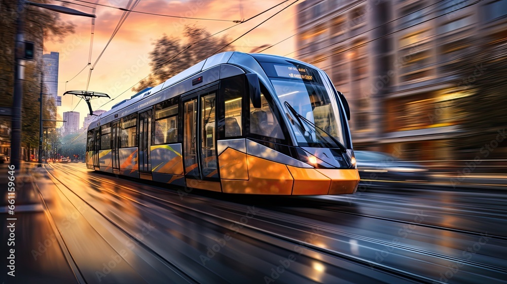 the movement of a tram or light rail system as it traverses the city streets, panning to keep the vehicle sharp while blurring the surroundings. - obrazy, fototapety, plakaty 