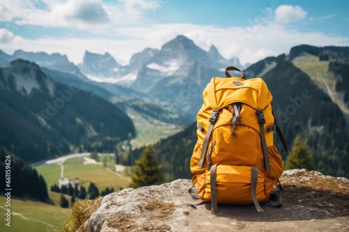 yellow backpack in the mountains. Hiking, wanderlust and travel concept.