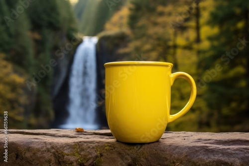 yellow cup of tea in mountains near waterfall on sunny morning. Travel, hiking and adventure concept.