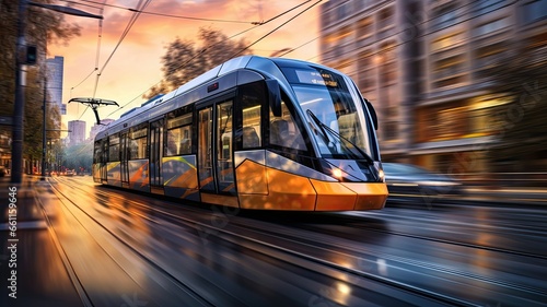 the movement of a tram or light rail system as it traverses the city streets, panning to keep the vehicle sharp while blurring the surroundings. photo