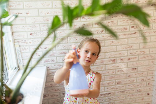 Child spraying water on leaves of plant photo