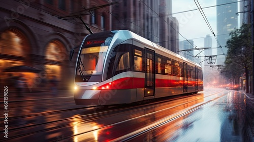 the movement of a tram or light rail system as it traverses the city streets, panning to keep the vehicle sharp while blurring the surroundings.