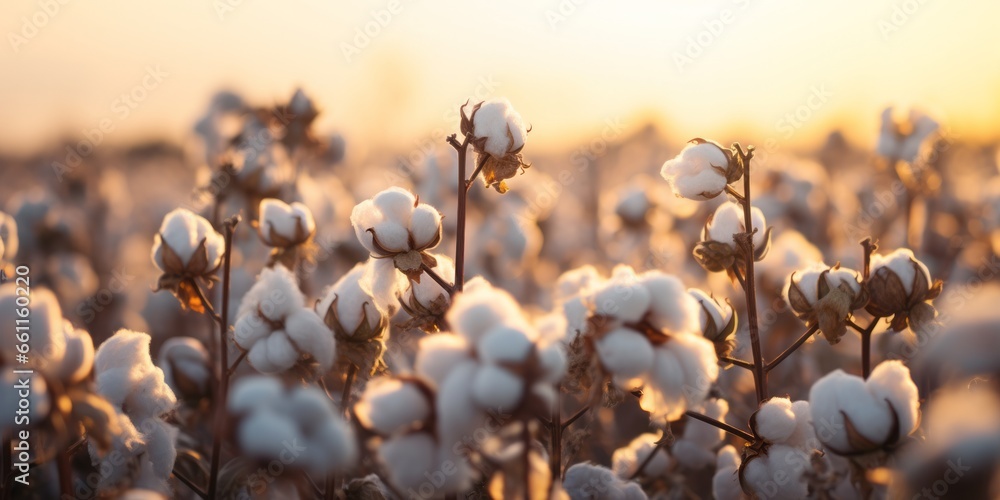  Close-Up Glimpse of a Cotton Field, the Birthplace of Cotton Clothing and Essential Natural Raw Materials - obrazy, fototapety, plakaty 