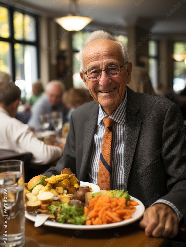 Senior Gentleman Savouring a Colorful Platter in a Bustling Restaurant
