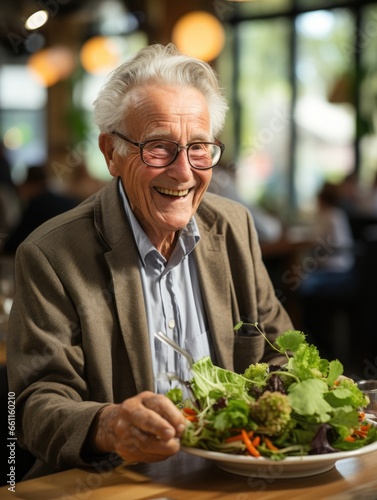Senior Gentleman Savouring a Colorful Platter in a Bustling Restaurant
