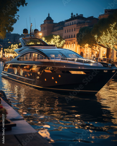  yacht on river in night city. luxury and expensive lifestyle.  Rest and relaxation concept. © Анна Мартьянова