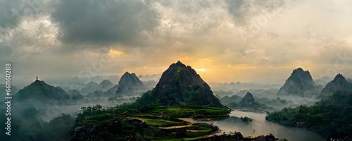 slender pagoda top of Hang Mua Peak Ninh Binh sunrise dramatic sky sharp universal focus saturated trending on Artstation photorealistic highly detailed HDR hyperrealistic Unreal 5 Engine Octane 