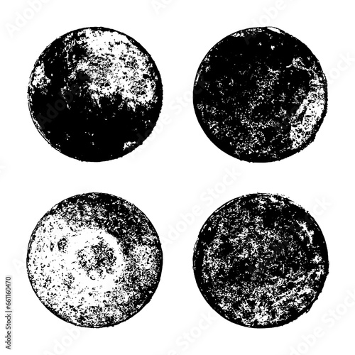 Set of abstract brush strokes. Black stamp texture round shape isolated on white background. Grainy textured design elements. Vector illustration, eps 10. 