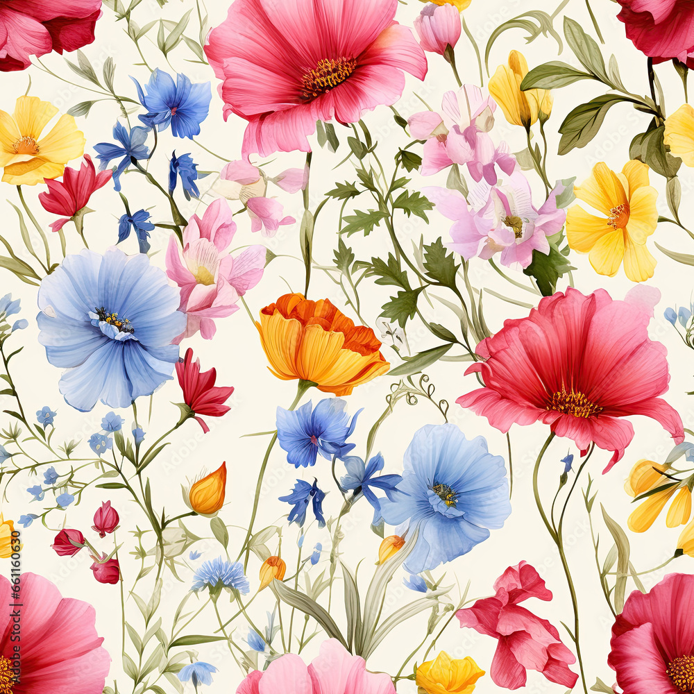 seamless background image with flowering plants, in the style of colorful realism, accurate and detailed, prairie core, floral motifs, floral