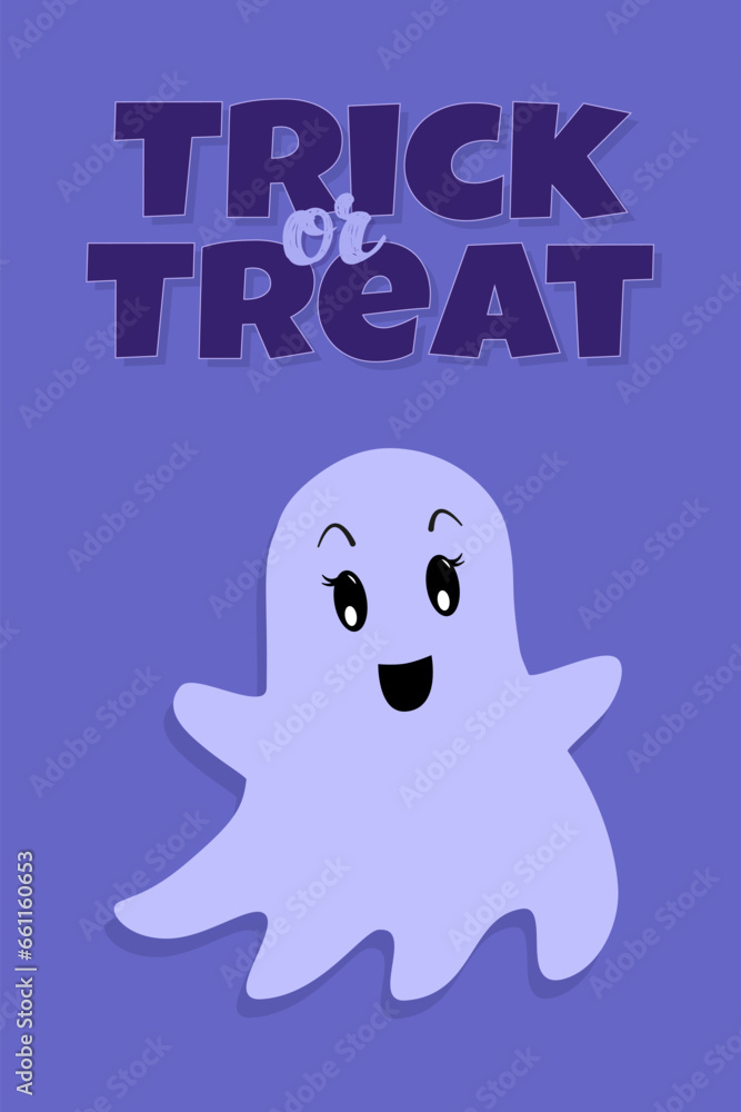 Trick Or Treat Vector Greeting Card. Cute Halloween Ghosts on Blue Background. Poster in Flat Cartoon style Trick Or Treat Vector Greeting Card. Cute Halloween Ghosts on Blue Background. Poster in Flat Cartoon style