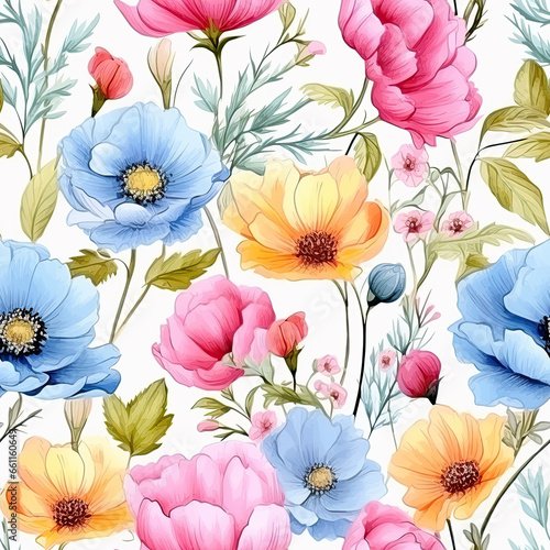 floral pattern with flowers, in the style of realistic usage of light and color, white background