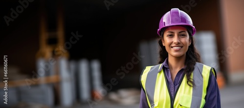young female hispanic warehouse worker looking at the camera wearing a hardhat and a reflective vest photo