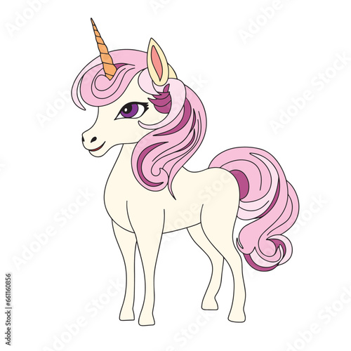 Unicorn colored outline. Hand drawn unicorn in doodle style isolated on white background. Vector illustration.