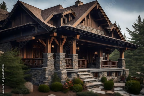 Craftsman-style house with beams and a stone chimney - AI Generative