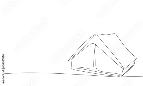 Tent line art. One line continuous camp banner concept. Outline tent vector illustration. 