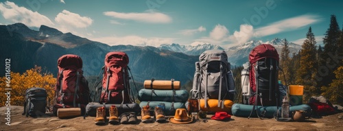 hiking and camping equipment, including a backpack, water bottle, and sturdy shoes, against the backdrop of a lush forest. ample space for informative copy. photo
