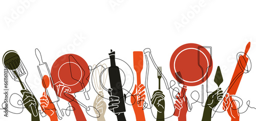 Cooking Seamless Pattern.Cutlery Background. One Line Drawing of Isolated Kitchen Utensils. Restaurant Design Poster. Vector illustration.
