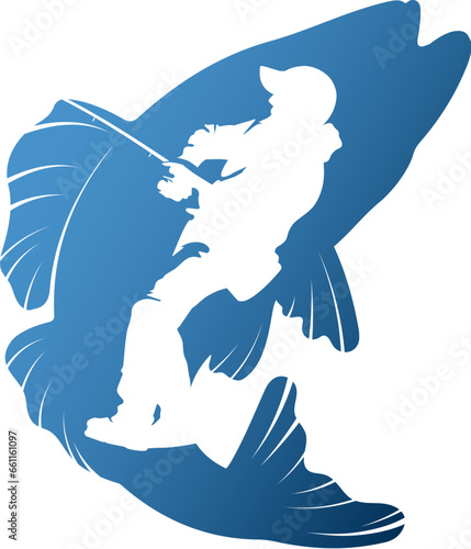 Fisherman with a fishing rod against the background of a fish silhouette. Fishing and outdoor activities design