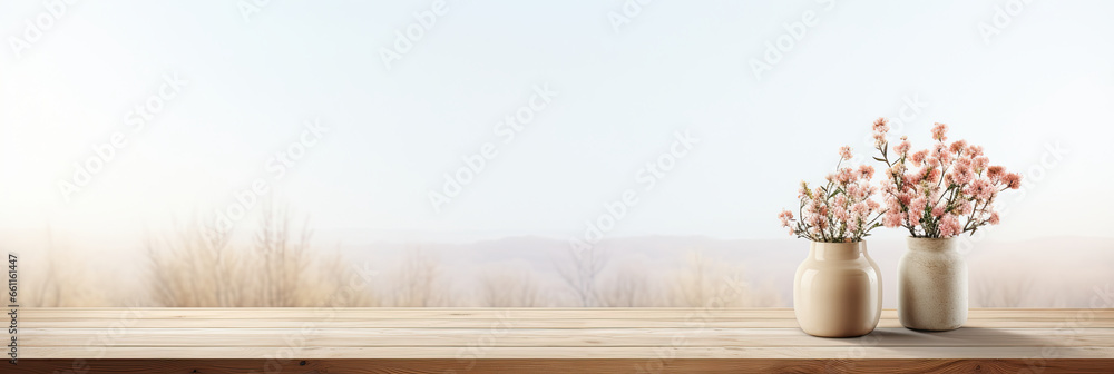 Panoramic format image wooden table top with pot plants blurred background for products. - obrazy, fototapety, plakaty 