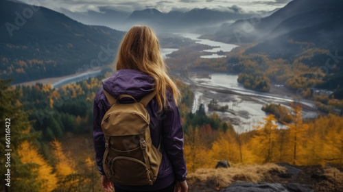 Rear view, A girl in a jacket standing on a mountain, View of the mountains and an autumn forest.