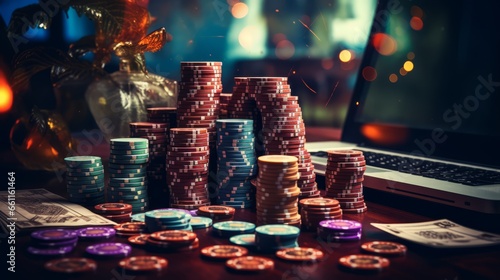 Casino poker tokens. Many different casino tokens on the table close up. Horizontal format for banners, posters, games, advertising. AI generated. photo