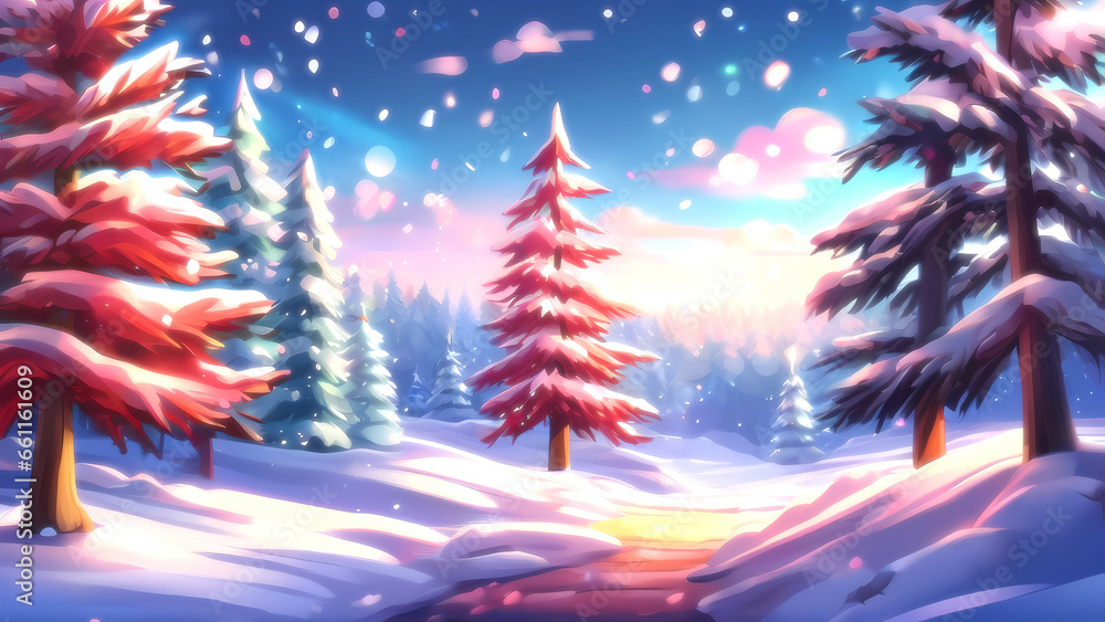 Christmas themed forest illustration, snowing.