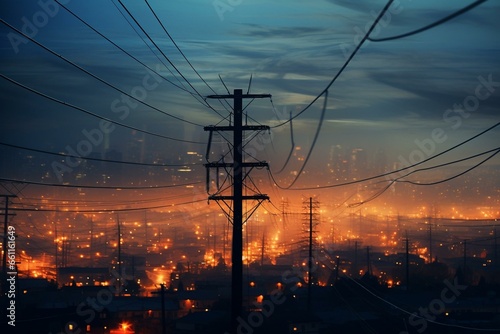 Evening power lines with blurred city lights. Generative AI