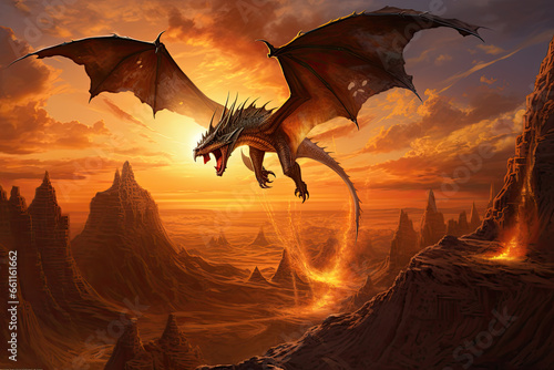 Fiery Dragon Circling Above the Desolate Desert Canyons