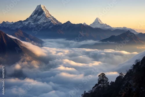 Scenic view of Himalayan mountaintop, above clouds. Close proximity to Dhaulagiri and Machapuchare peaks. Generative AI