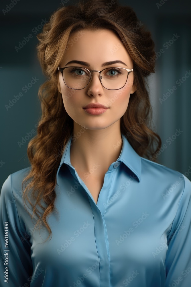 School teacher woman with glasses and blue shirt.