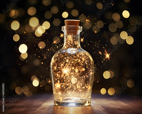 A Bottle Filled with Sparkling Gold Glitter and Shimmering Stars
