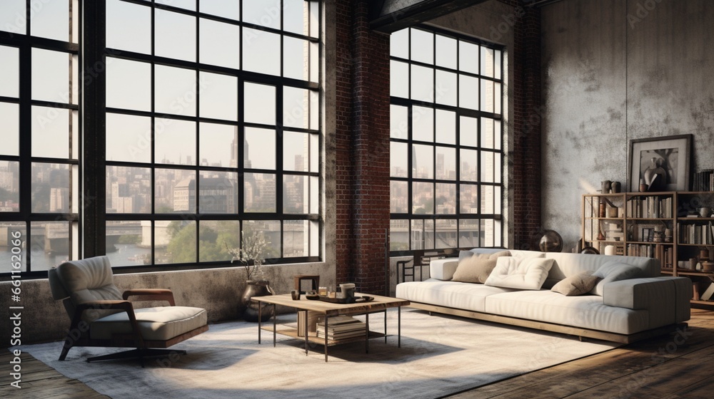 A large industrial loft window showcasing a minimalist interior.